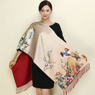 杭州丝绸桑蚕丝双层围巾，女秋季真丝羊绒，保暖长款外搭旗袍丝巾披肩