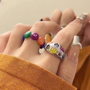 趣味糖果马卡龙(马卡龙)戒指女时尚字母豆豆s925银，开口指环甜酷叠戴食指戒