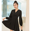 泰国潮牌黑色v领丝滑绸缎系带连衣裙，短款气质黑色小礼服品牌