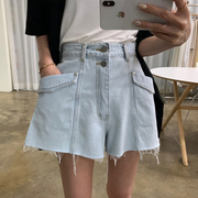 时尚个性水洗牛仔裤女夏季法式复古抽丝大口袋设计高腰阔腿裤短裤