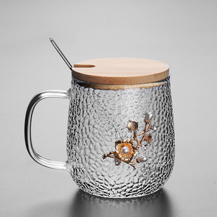 耐热锤纹玻璃马克杯带盖带勺木盖不锈钢勺花茶杯牛奶咖啡杯水杯
