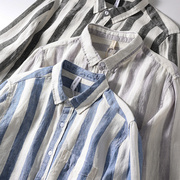 天然100纯亚麻日系男士复古水洗，透气休闲麻长袖条纹衬衫亚麻衬衣