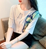 韩国条纹撞色雪纺上衣女夏季印花2024时尚，减龄气质短袖t恤设