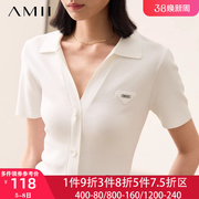 amii2024夏季通勤冰丝修身polo衫，t恤短袖针织开衫女薄款上衣