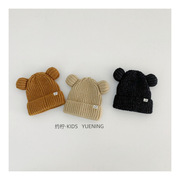 好货韩版儿童针织帽可爱双球宝宝毛线套头帽简约笑脸小标冬季保暖