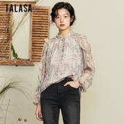 talasa商场同款衬衫女2023年秋法式复古印花蕾丝拼接设计小衫