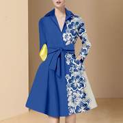高级感春款女装2022年法式蓝色印花连衣裙小众设计系带裙子潮