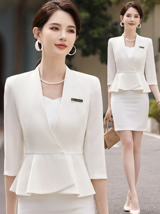 白色职业装套装女夏季薄款中袖酒店前台工装美容师珠宝店西服套裙