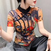 夏装中国风复古盘扣T恤女短袖设计感印花网纱上衣气质立领小衫潮