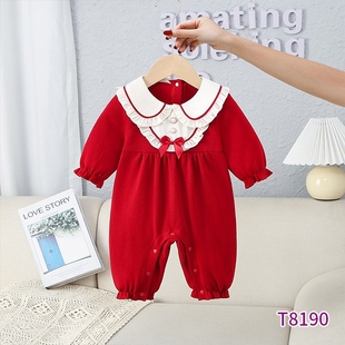 2024春季婴幼儿连体衣红色甜美宝宝长袖纯棉哈衣爬服满月礼服