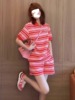 潮牌红色条纹Polo衫运动服套装女夏季网红炸街时尚短袖短裤两件套