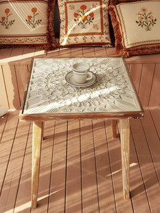 法式复古实木咖啡桌做旧北欧风洽淡桌雕花餐桌，欧式甜品店小方桌洽