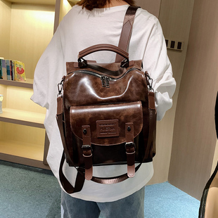 韩版潮森系软皮双肩，包女2023复古休闲学生，书包大容量两用背包