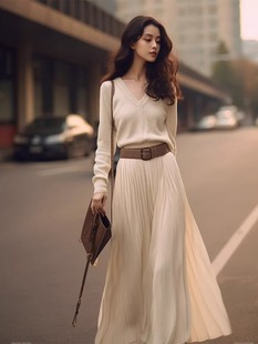 高端名缓气质秋季时尚针织，套装白色v领毛衣百褶高腰半身裙两件套