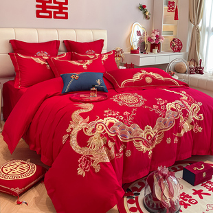 新婚庆(新婚庆)四件套，大红色刺绣六件套婚礼婚房结婚喜庆被套龙凤床上用品