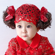 韩版婴儿女宝宝假发发饰，发网发带百天周岁，蝴蝶结拍照摄影大红色粉