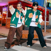 儿童外套男童棒球服夹克绿色嘻哈帅气街舞潮牌hiphop套装女2024酷