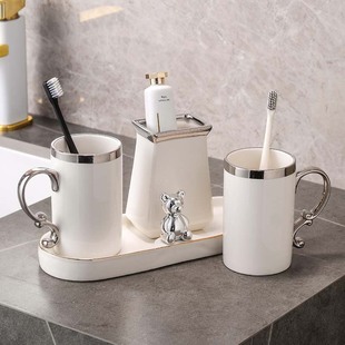 骨瓷漱口杯陶瓷刷牙杯情侣一对杯，银色卫浴套装，浴室简约洗漱杯现代