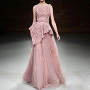 2024法式轻奢礼服宴会婚礼主持人，设计感上衣，提花粉色网纱半裙晚装