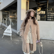 2024冬季韩版连帽气质百搭羊羔，毛外套(毛外套，)女时尚减龄颗粒绒外套