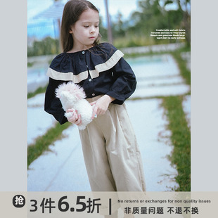 史豌豆(史豌豆)女童衬衫2023秋装，儿童简洁大方黑色大翻领衬衣宝宝上衣