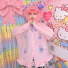 自制童趣饭粒家日系原宿甜美小熊印花女装宽松娃娃领格子粉色衬衫