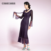 香莎chansarr轻盈飘逸气质深紫蕾丝连衣裙，立体装饰飘带长裙