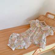 韩女童宝宝公主薄款套装婴儿哈衣夏季法式碎花娃娃领短袖衬衫短裤