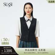 SUSSI/古色23春商场同款黑色百搭刺绣单排扣马甲背心女