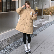 卡其色羽绒服女中长款2023年冬季韩版字母蓝色黑加厚棉衣外套