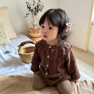 韩版秋装女童棉纱娃娃领针织开衫，上衣婴幼童纯色百搭长袖毛衣外套
