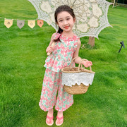 韩版女童夏季2024儿童时尚爱心木耳边套装女宝宝休闲两件套潮
