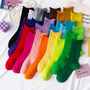 彩色袜子女中筒袜ins潮，春秋薄款糖果，色纯棉堆堆袜百搭运动长筒袜