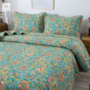 美式印花衍缝床盖三件套绿色床单装饰被床上用品多功能被盖纤之色