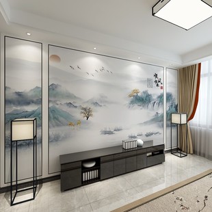 新中式墙画意境壁纸山水，顺风顺水客厅，电视背景墙自粘风景壁画订制