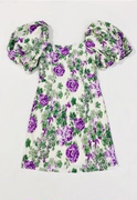 法式小众紫色花朵棉麻，收腰方领泡泡，袖连衣裙