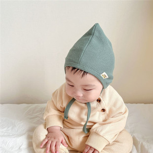 新生儿棉布 三角帽保暖尖头帽针织毛线帽多色翻边秋冬冷帽护耳帽