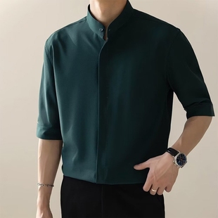 冰丝短袖衬衫男夏季新中式轻熟风男装韩版修身免烫衬衣男生五分袖