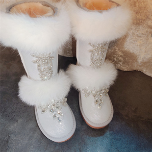 冬季独家定制珠光白色高筒狐狸毛水钻雪地靴带钻棉鞋保暖防滑