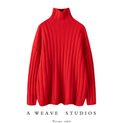男女红色粗坑条重磅山羊绒，粗棒针织加厚短高领，毛衣衫(毛衣衫)