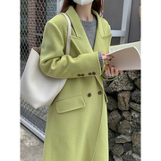 韩国高级感绿色羊毛毛呢外套女中长款秋冬西装领通勤双面羊绒大衣