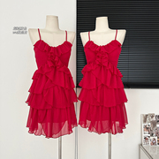 夏季纯欲显白小红裙，2024年层层蛋糕，裙百搭显瘦雪纺背心连衣裙