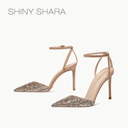 Shiny Shara/诗莎夏季一字带裸色漆皮亮片尖头细跟高跟凉鞋女