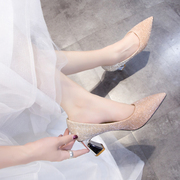 主婚纱婚鞋2023年结婚鞋子新娘鞋香槟色高跟伴娘鞋粗跟单鞋女