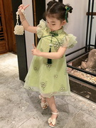 女童绿色旗袍夏款古装儿童周岁礼服超仙唐装裙子女宝中国风背心裙