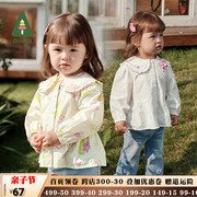 amila女童装衬衫长袖2024春秋，款儿童休闲上衣，宝宝娃娃领衬衣纯棉