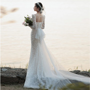 鱼尾婚纱2021新娘主婚纱法式高级质感风性感结婚旅拍白色礼服