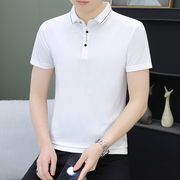 夏季冰丝男士短袖t恤白色韩版休闲有带领子短衫POLO衫翻领上衣服