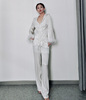 时尚白色提花中国风复古改良长袖女装皮草袖口装直筒裤两件套
