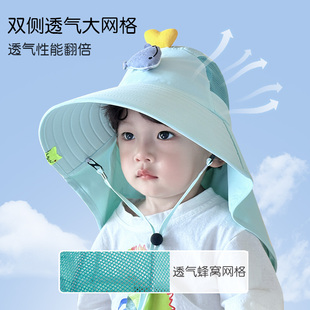 儿童防晒帽夏季男童女童遮阳帽，大帽檐宝宝防紫外线护颈太阳披肩帽